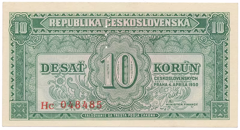 Československo, 10 Koruna 1950, série Aa - Zh, perforace 3 md svisle, Hej.86b.S1