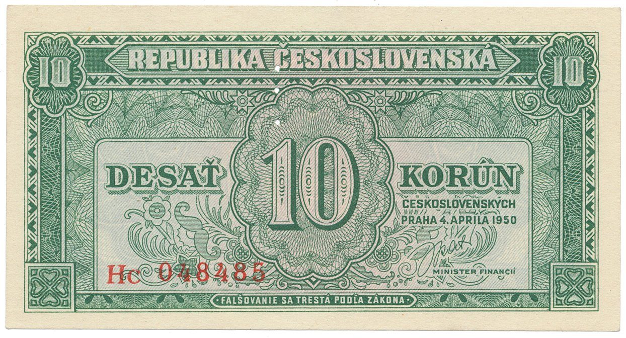 Československo, 10 Koruna 1950, série Aa - Zh, perforace 3 md svisle, Hej.86b.S1