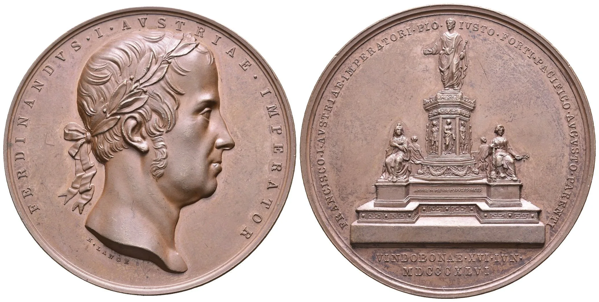 AE Medaile 1846 (K. Lange) - K odhalení pomníku Františka I. ve Vídni. Rv: Pomník, — 1