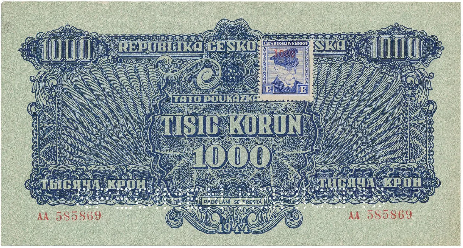 Československo, 1000 Koruna 1944/1945, kolkovaná, perf. 2x SPECIMEN dole, Hej.68a.S2