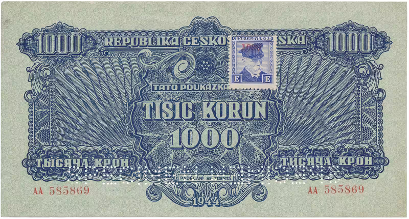 Československo, 1000 Koruna 1944/1945, kolkovaná, perf. 2x SPECIMEN dole, Hej.68a.S2
