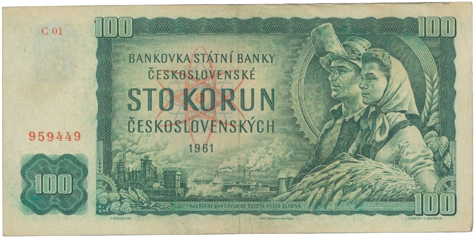 Československo, 100 Koruna 1961, I. vydání, první série C 01, Hej.101aC