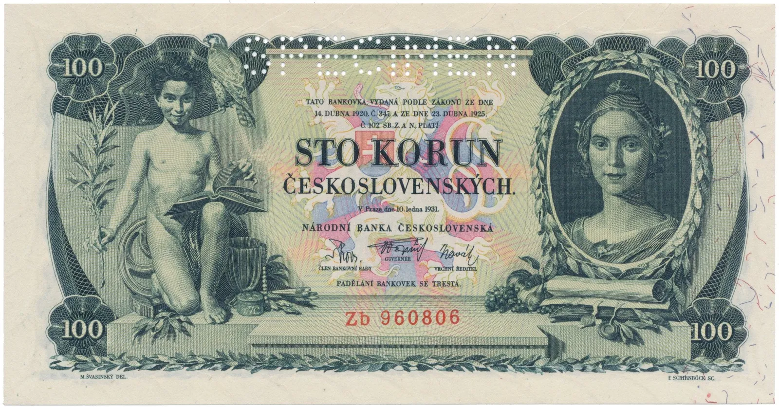 100 Koruna 1931, série Ma, Zb, SPECIMEN, Hej.25b1.S1