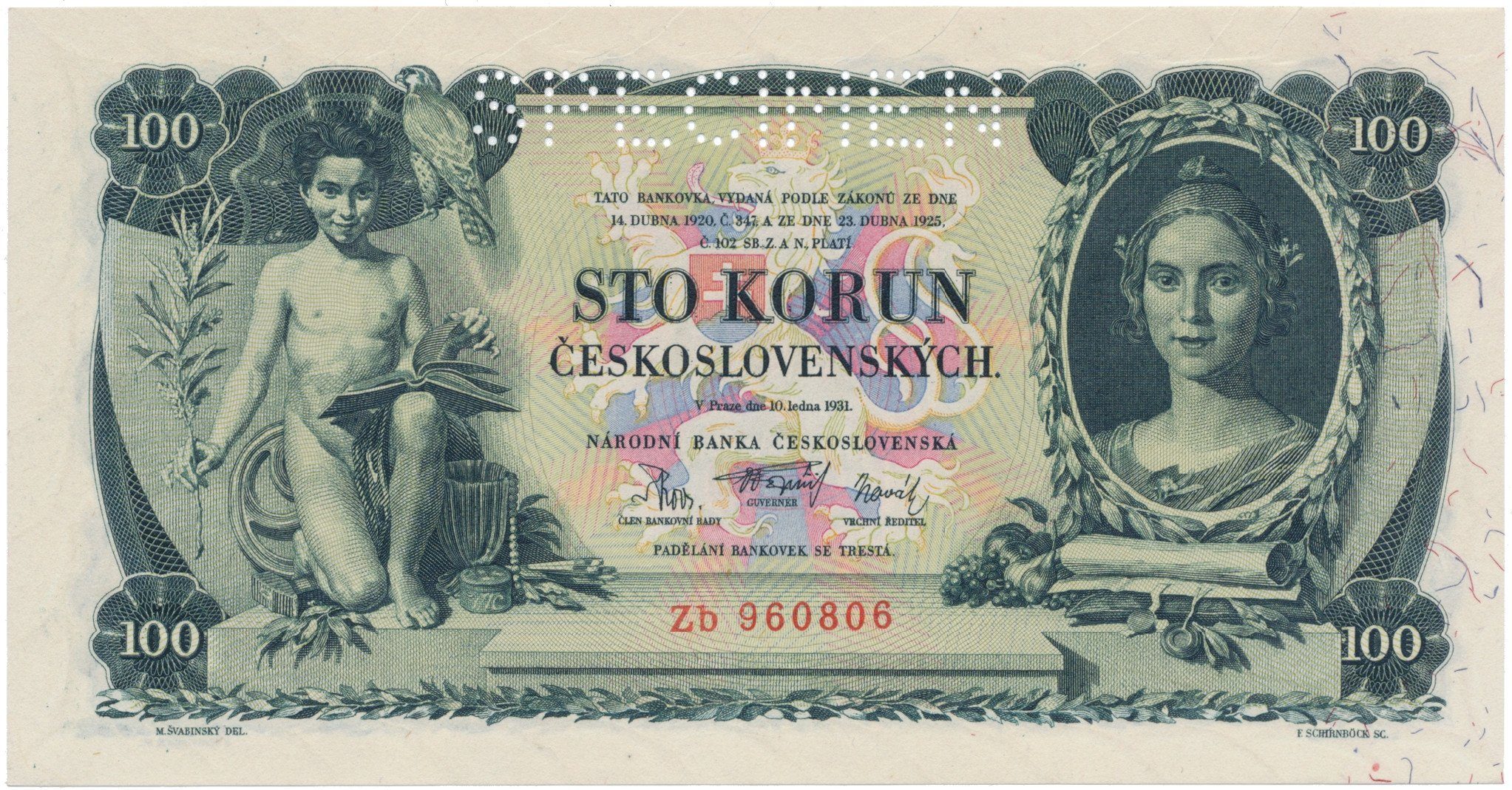 100 Koruna 1931, série Ma, Zb, SPECIMEN, Hej.25b1.S1