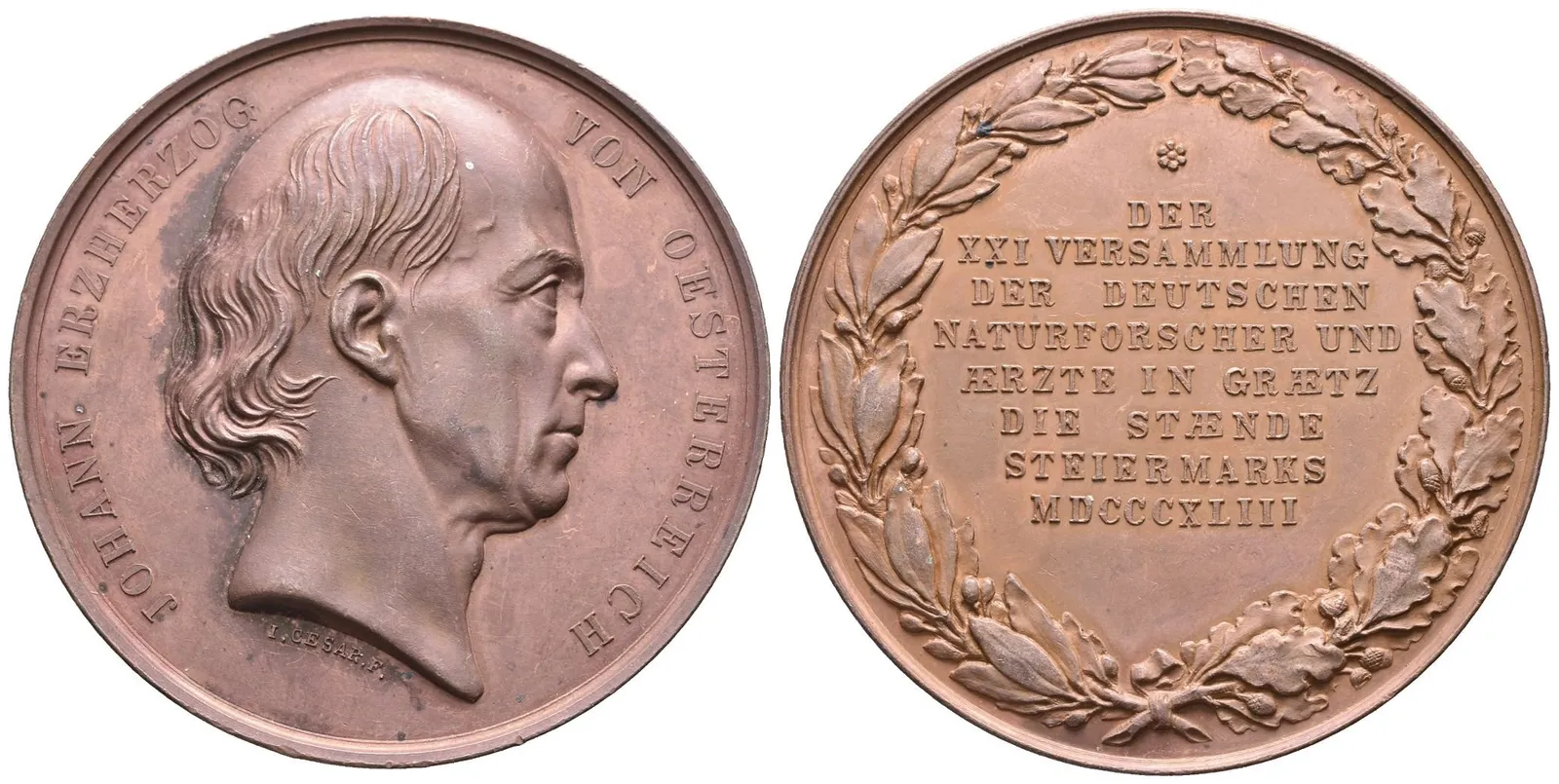 AE Medaile 1843 (I. Cesar) - XXI. sjezd německých lékařů v Grazu. Hlava zprava, — 1