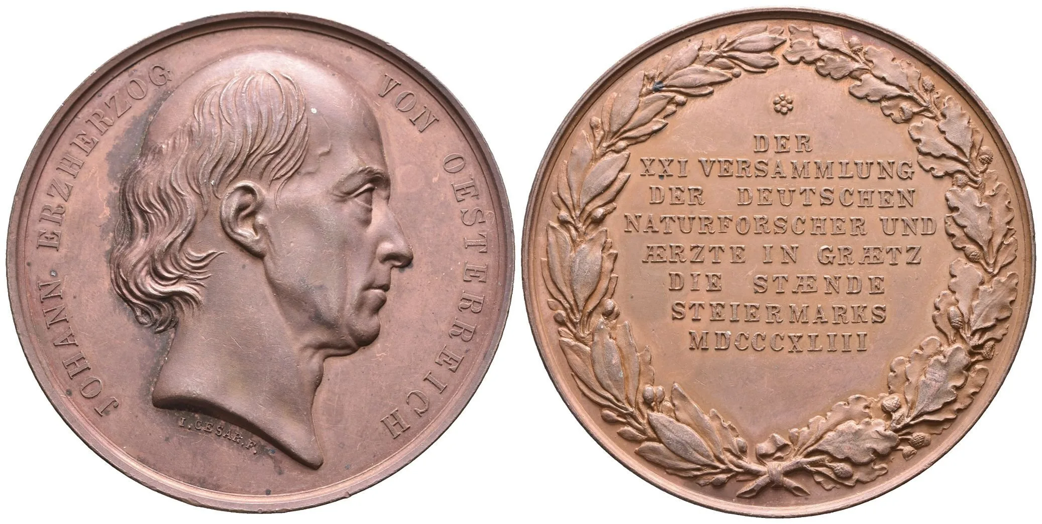AE Medaile 1843 (I. Cesar) - XXI. sjezd německých lékařů v Grazu. Hlava zprava, — 1