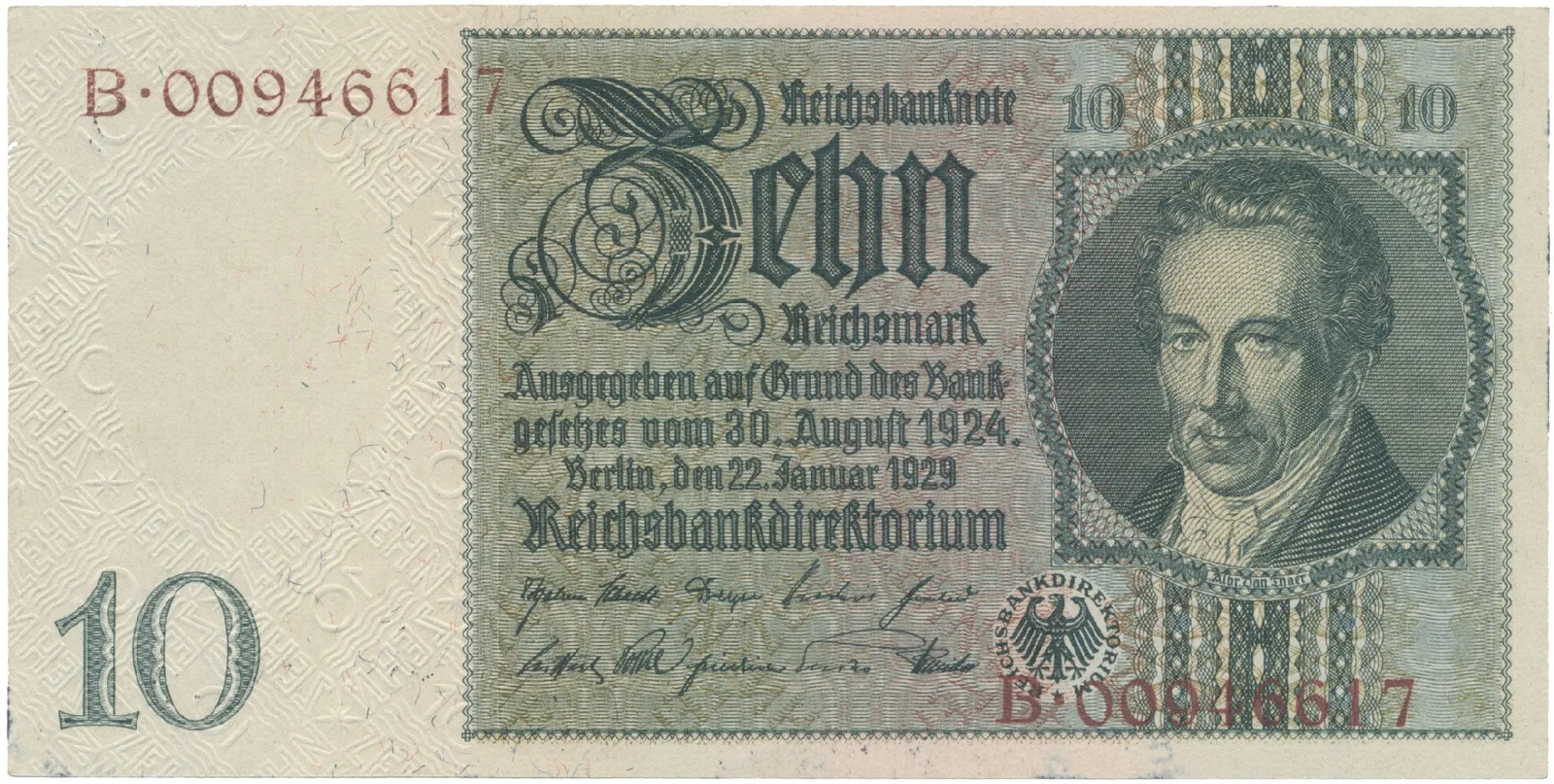 Německo, 10 Reichsmark 1929, válečná s průběžným vodotiskem, hnědý číslovač, Hej.D2d