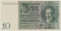Německo, 10 Reichsmark 1929, válečná s průběžným vodotiskem, hnědý číslovač, Hej.D2d