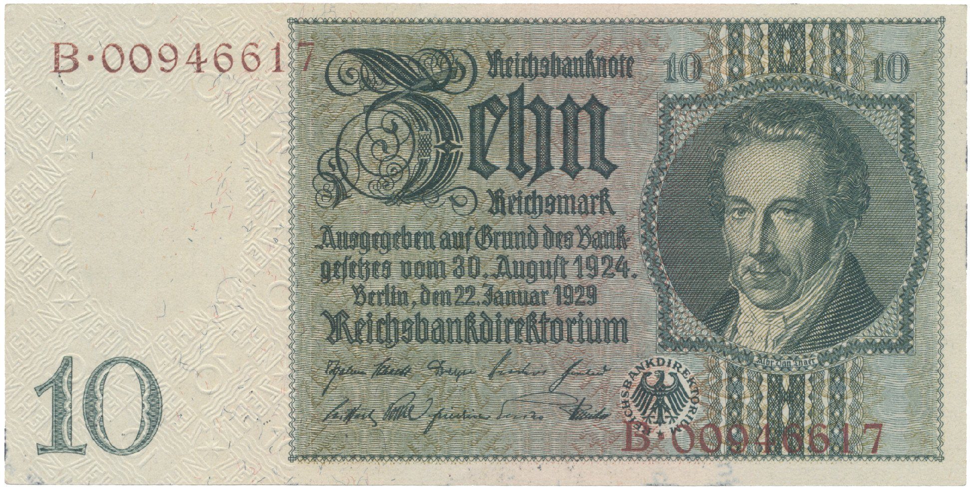 Německo, 10 Reichsmark 1929, válečná s průběžným vodotiskem, hnědý číslovač, Hej.D2d