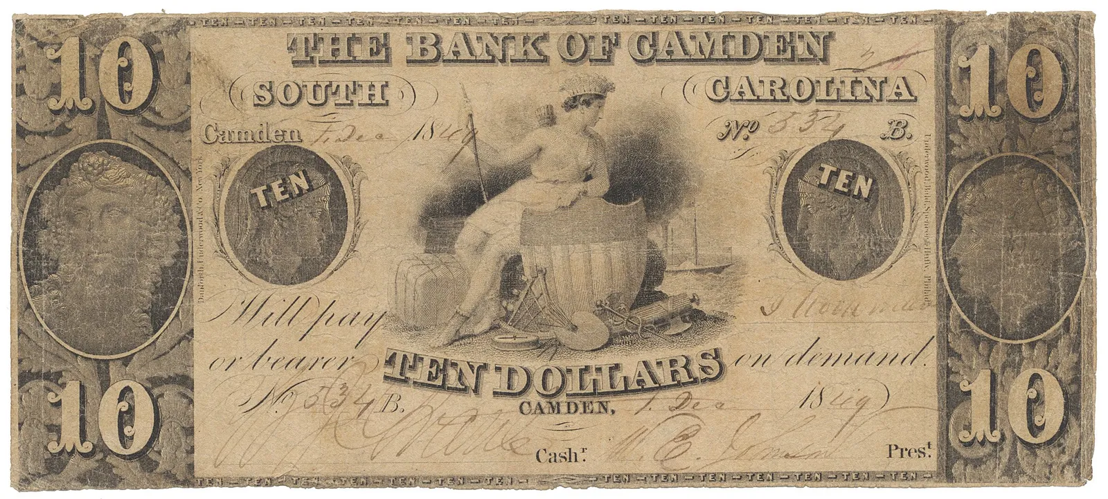 USA, South Carolina, Camden, The Bank of Camden, 10 Dollars 1. 12. 1849