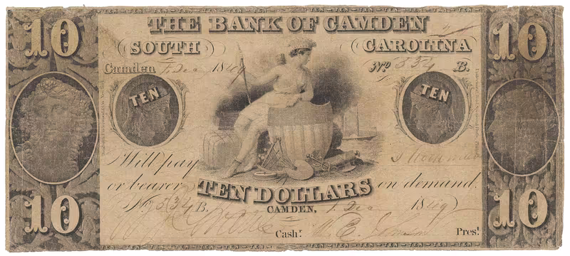 USA, South Carolina, Camden, The Bank of Camden, 10 Dollars 1. 12. 1849