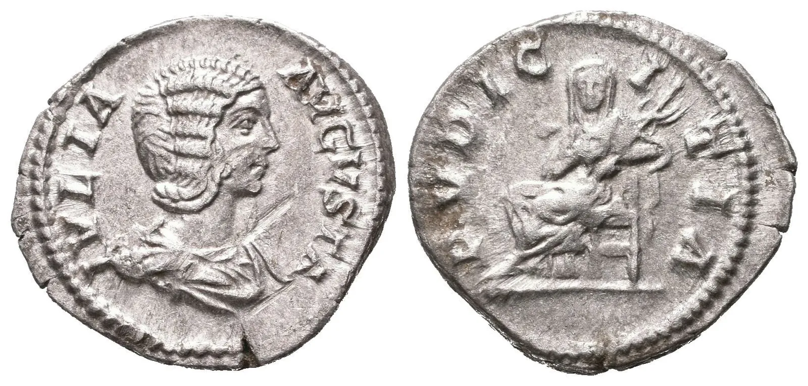 Denár, 196 - 211, Rv: PVDICITIA, sedící Pudicitia zleva má jednu ruku na hrudi, druhou — 1