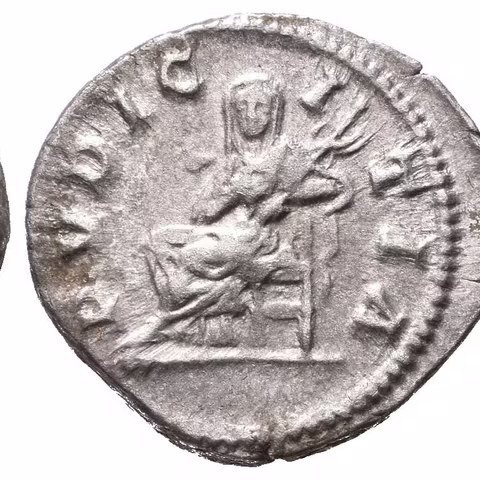 Denár, 196 - 211, Rv: PVDICITIA, sedící Pudicitia zleva má jednu ruku na hrudi, druhou
