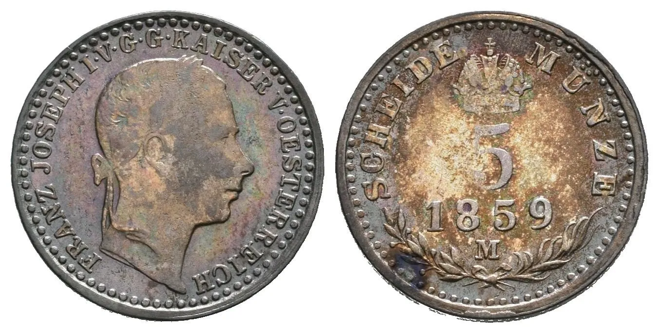 5 Krejcar 1859 M, tmavá patina — 1