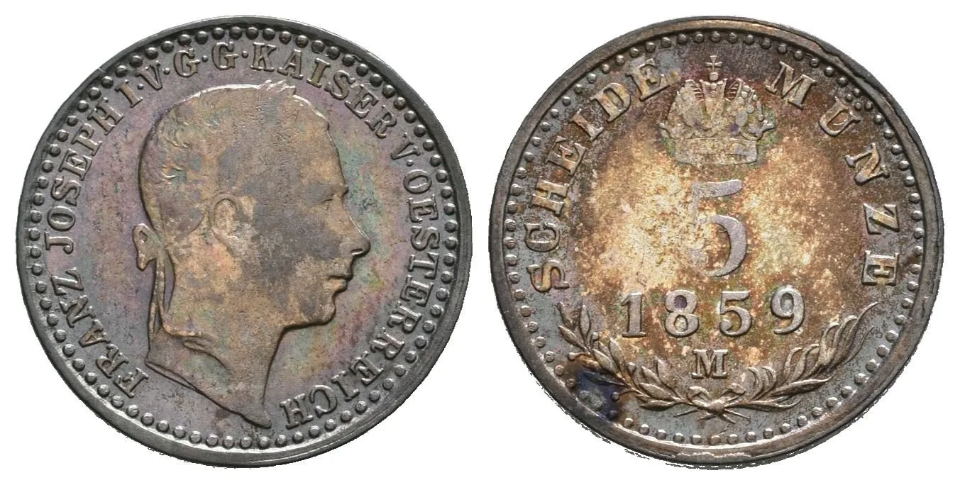 5 Krejcar 1859 M, tmavá patina — 1