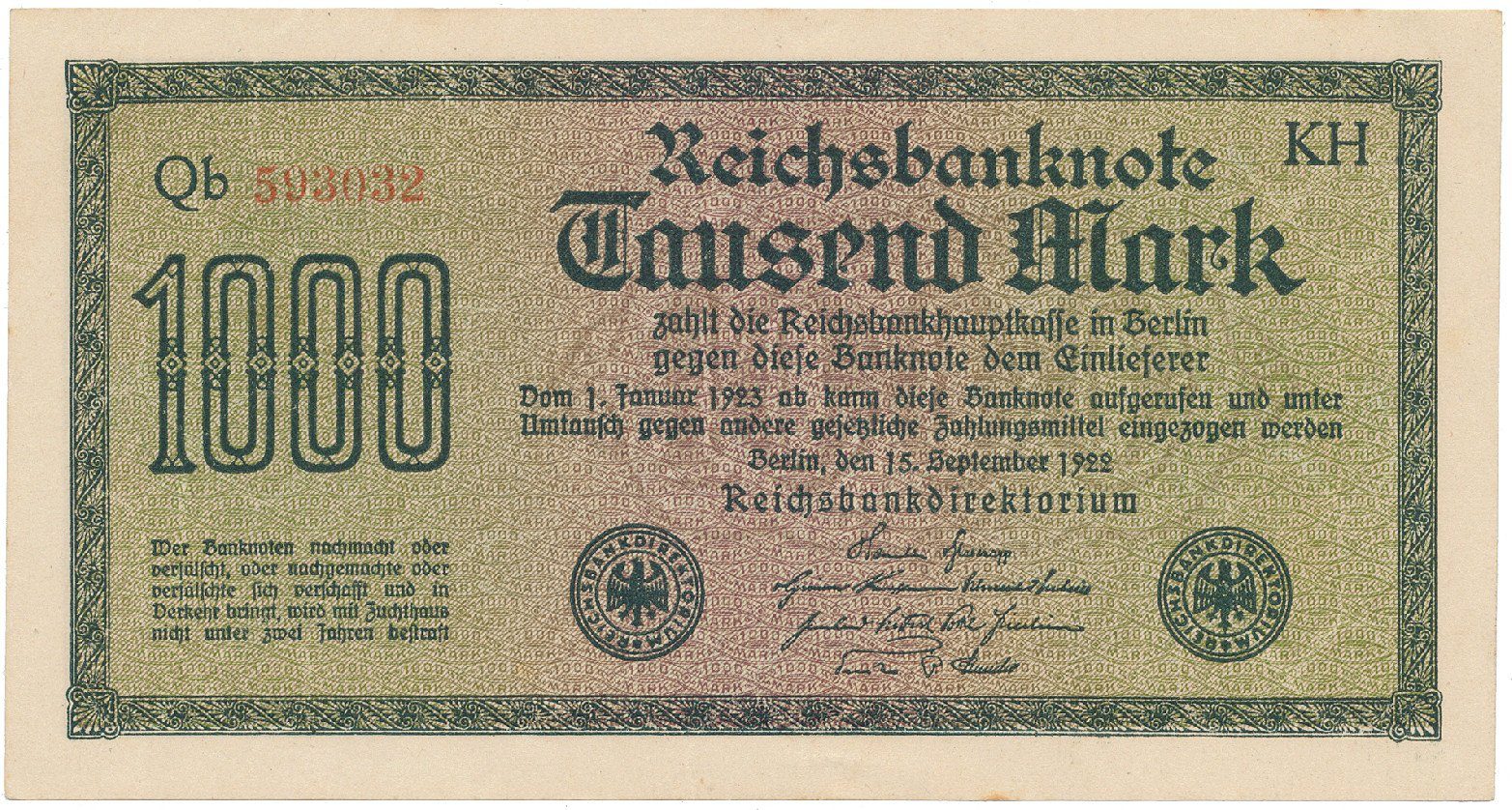 Německo, 1000 Mark 1922, vod. Achterstreifen, Ro.75o