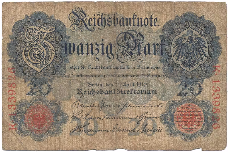 Německo, 20 Mark 1910, papír s vodoznakem, Ro.41