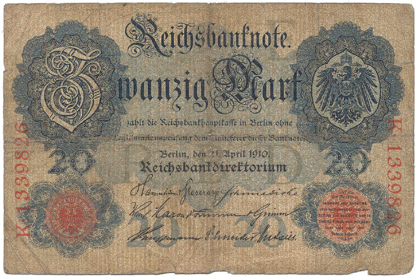Německo, 20 Mark 1910, papír s vodoznakem, Ro.41