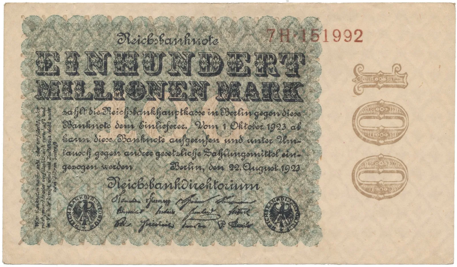 Německo, 100 Millionen Mark 1923, Kreuzblütten, Ro.106e