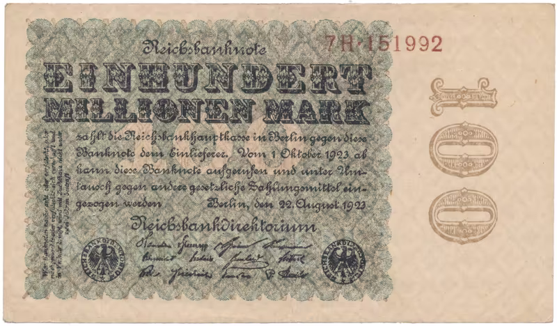 Německo, 100 Millionen Mark 1923, Kreuzblütten, Ro.106e
