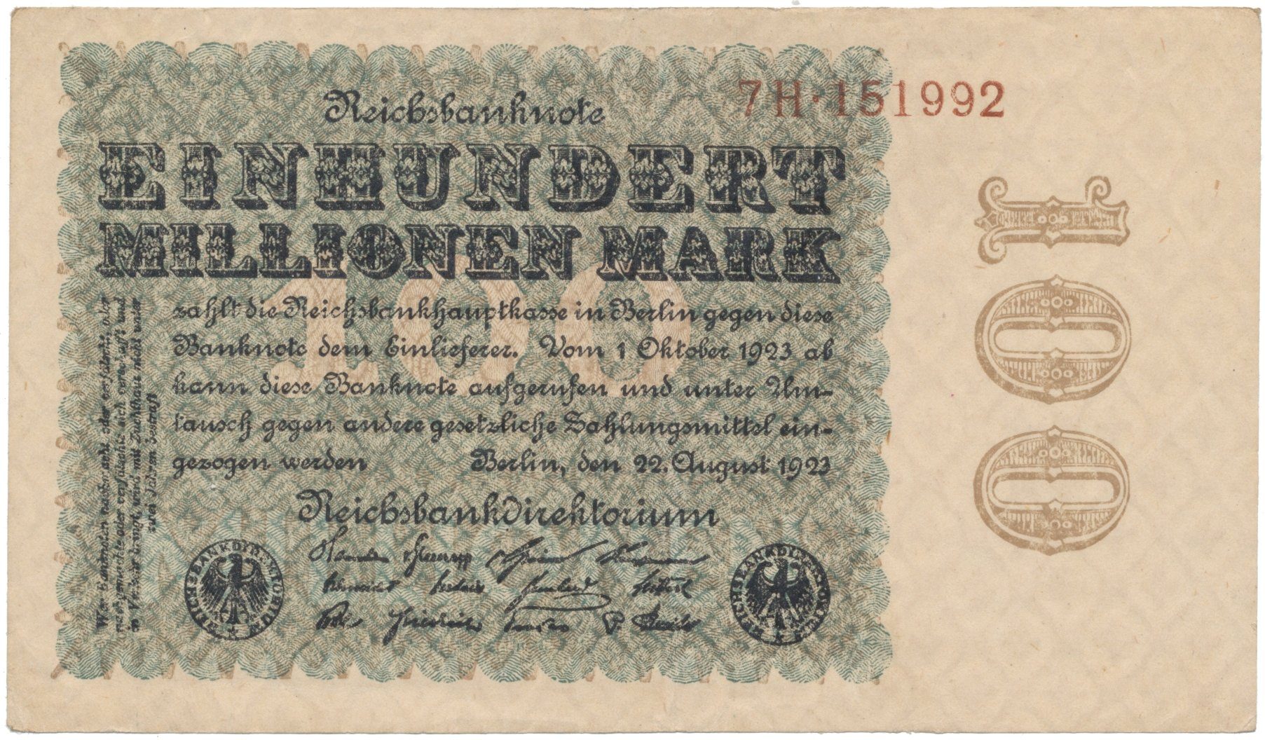 Německo, 100 Millionen Mark 1923, Kreuzblütten, Ro.106e