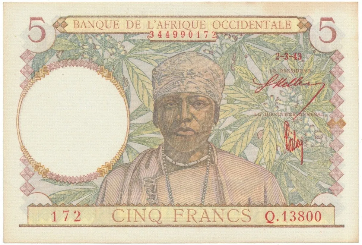 Francouzská Západní Afrika, 5 Francs 1943, červené podpisy, P.26