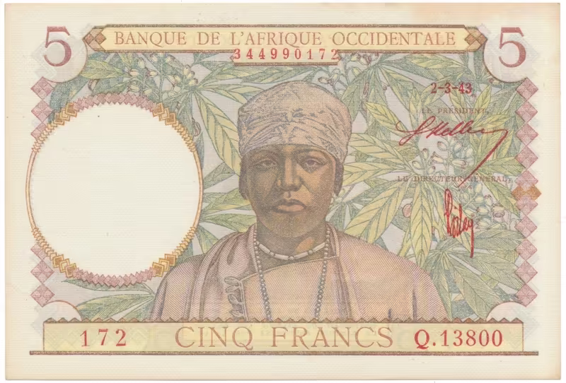 Francouzská Západní Afrika, 5 Francs 1943, červené podpisy, P.26