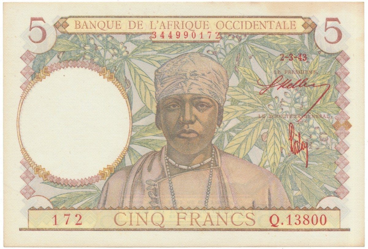 Francouzská Západní Afrika, 5 Francs 1943, červené podpisy, P.26