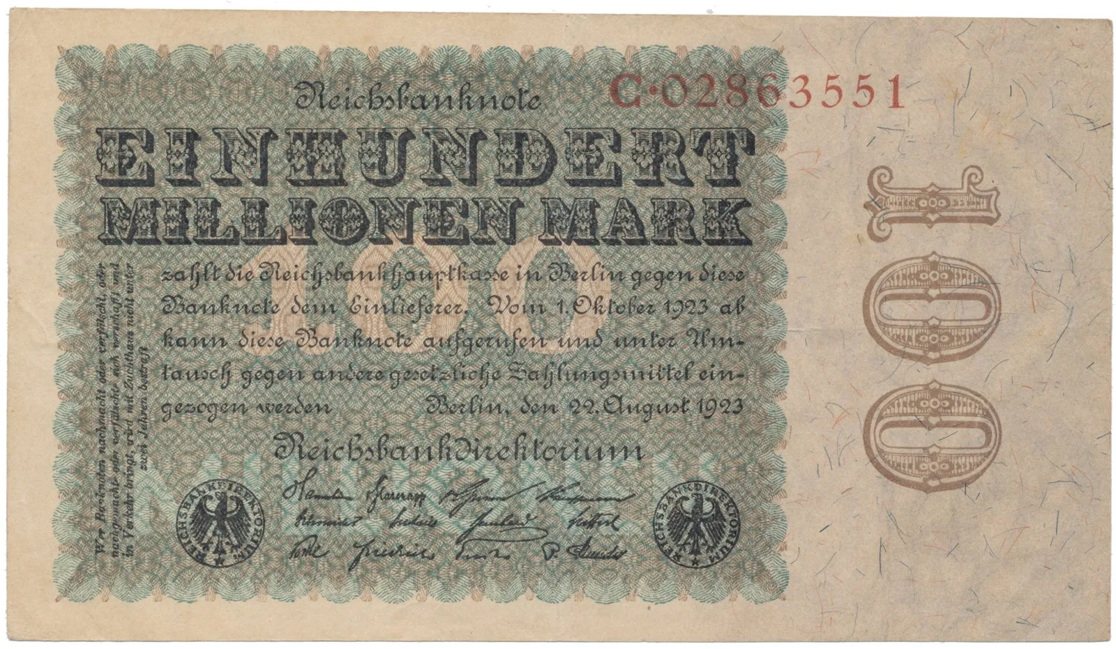 Německo, 100 Millionen Mark 1923, Eichenlaub, Ro.106a