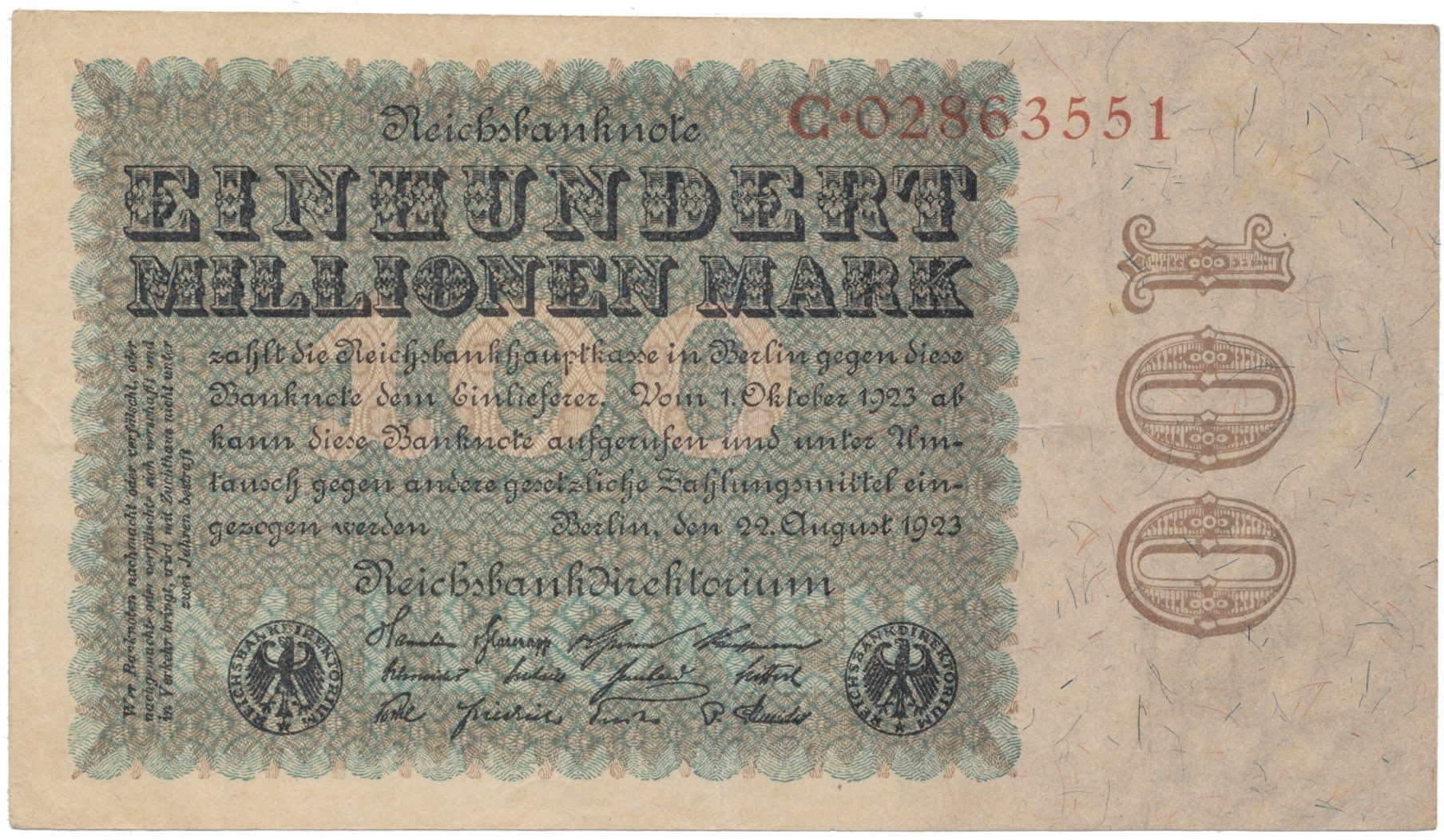 Německo, 100 Millionen Mark 1923, Eichenlaub, Ro.106a