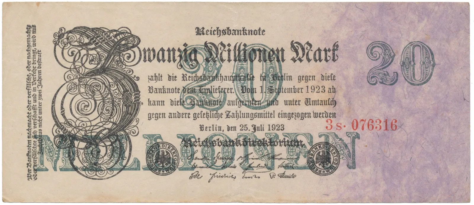 Německo, 20 Millionen Mark 1923, Ro.96b