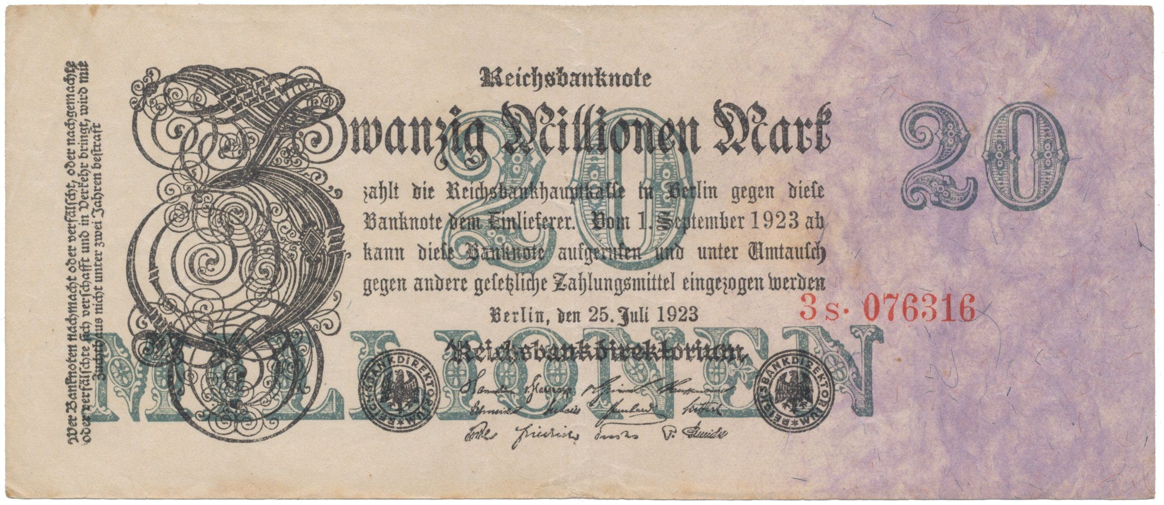 Německo, 20 Millionen Mark 1923, Ro.96b
