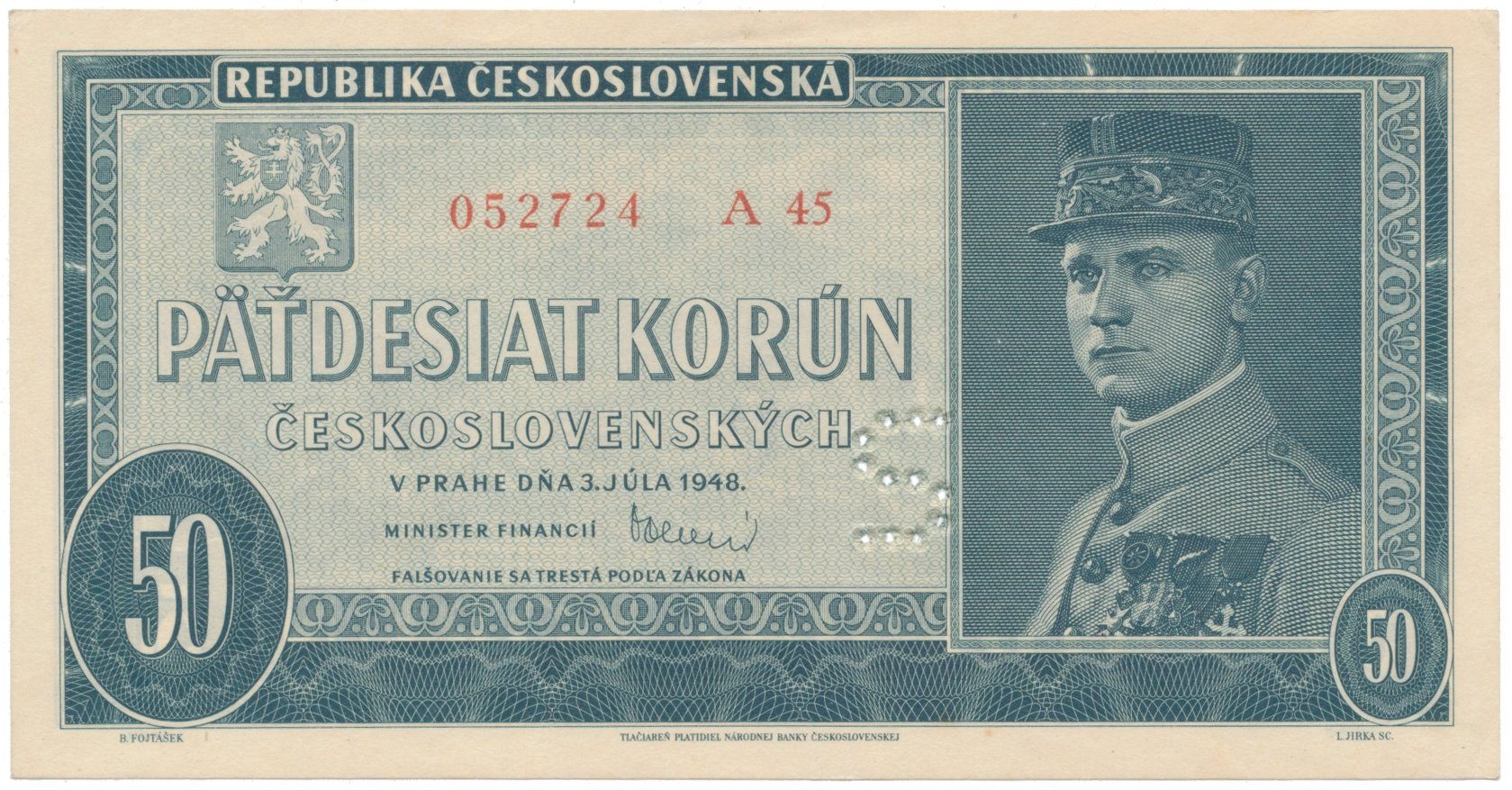 50 Koruna 1948, perforace "S", Hej.82bS3