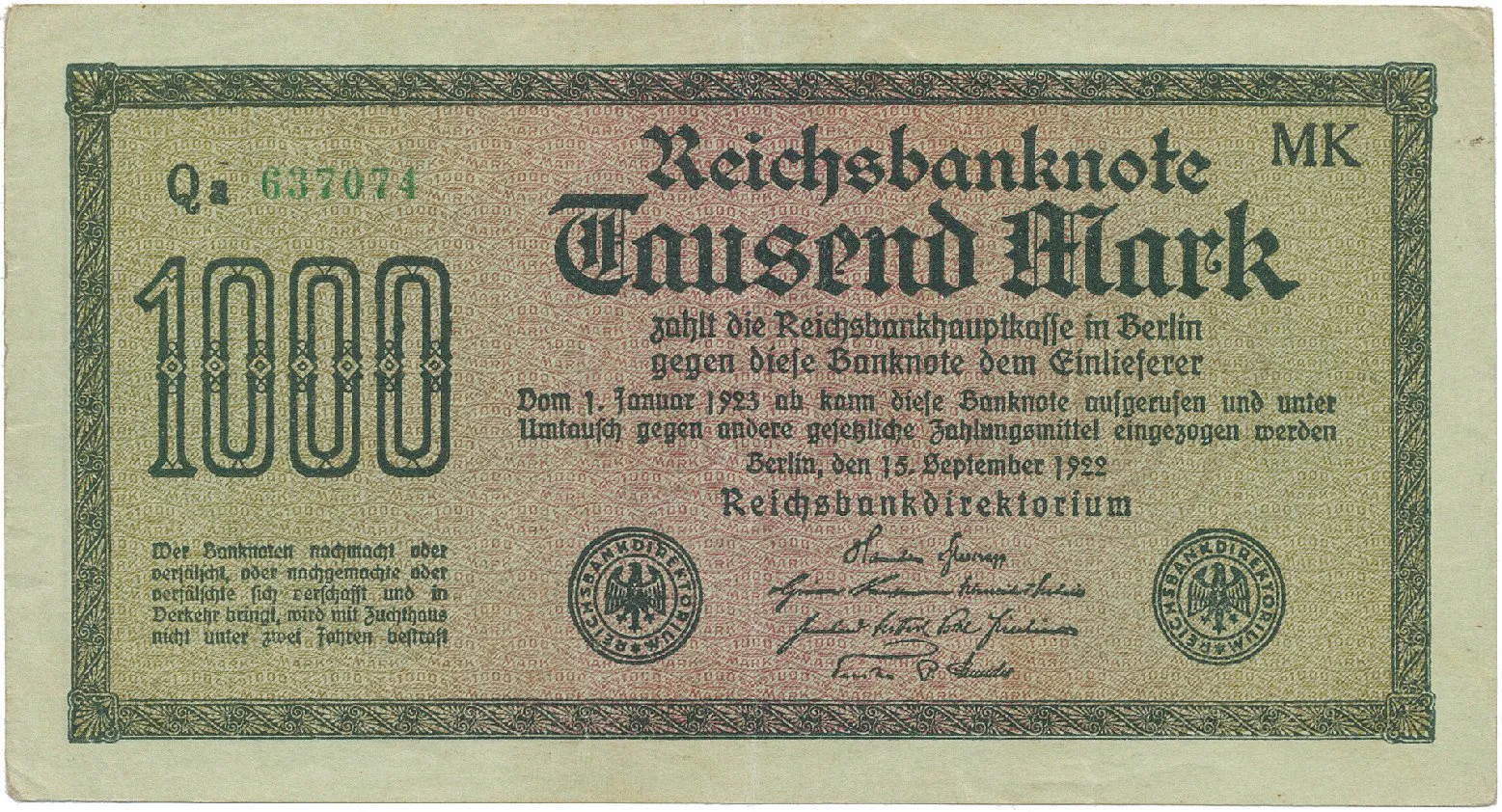 Německo, 1000 Mark 1922, vod. Vielecke, 6-místné číslo, Ro.75f