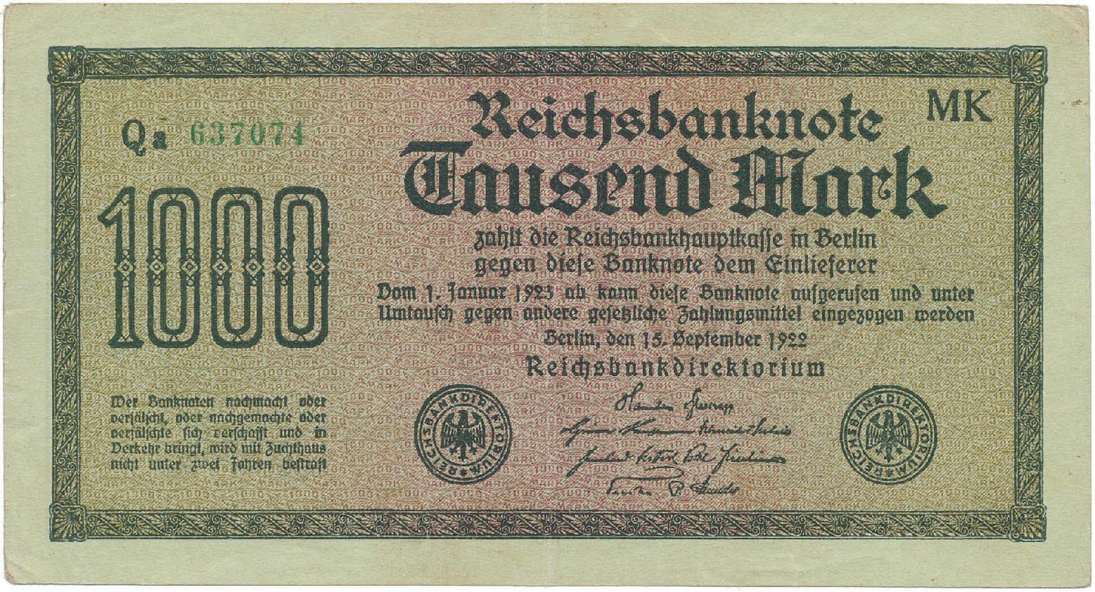 Německo, 1000 Mark 1922, vod. Vielecke, 6-místné číslo, Ro.75f