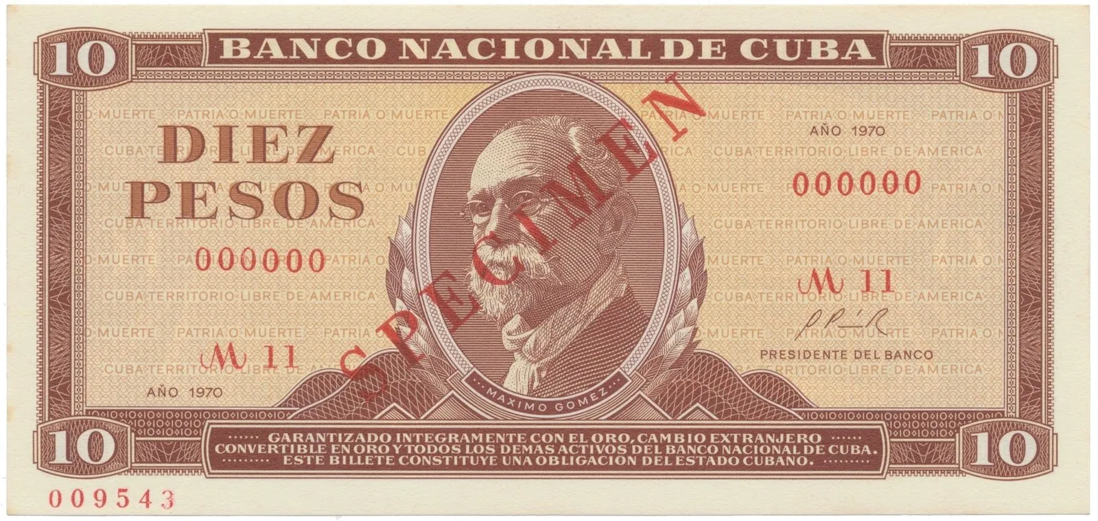 Kuba, 10 Pesos 1970, tisk STC Praha, anulát - SPECIMEN, bankovní vzor, P.104as