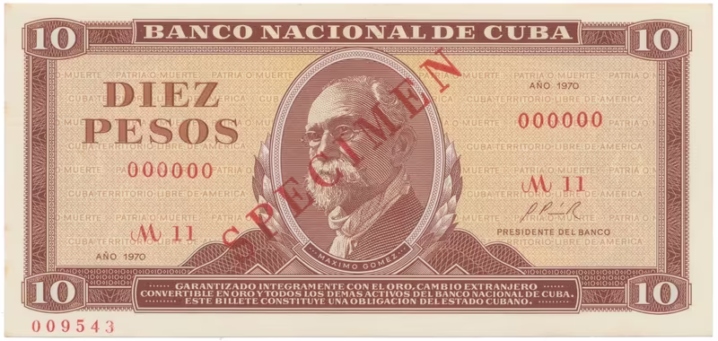 Kuba, 10 Pesos 1970, tisk STC Praha, anulát - SPECIMEN, bankovní vzor, P.104as