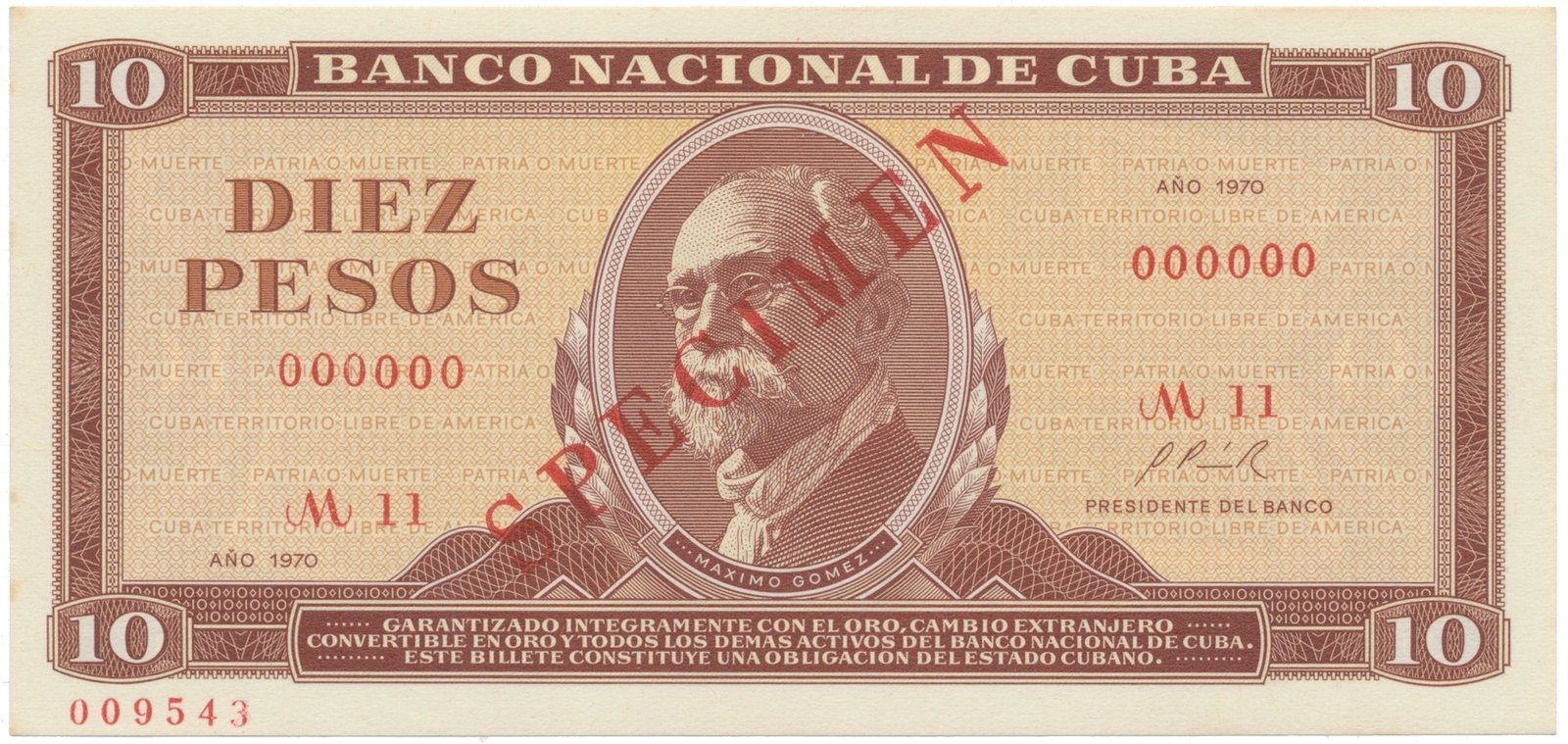 Kuba, 10 Pesos 1970, tisk STC Praha, anulát - SPECIMEN, bankovní vzor, P.104as