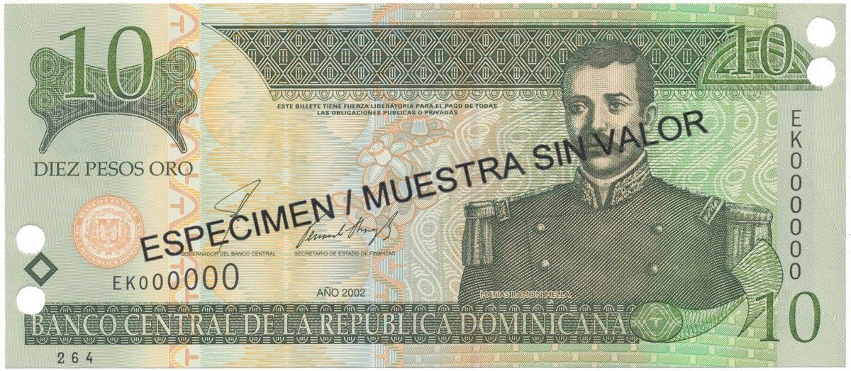 Dominikánská republika, 10 Pesos Oro 2002, anulát - ESPECIMEN/MUESTRA, P.168s2