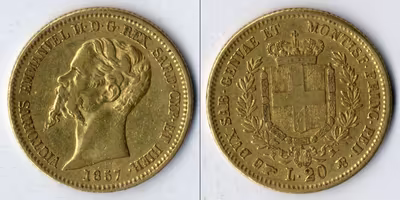 Zlatá mince - 20-ti lira - Itálie 1857, Sardinské království
