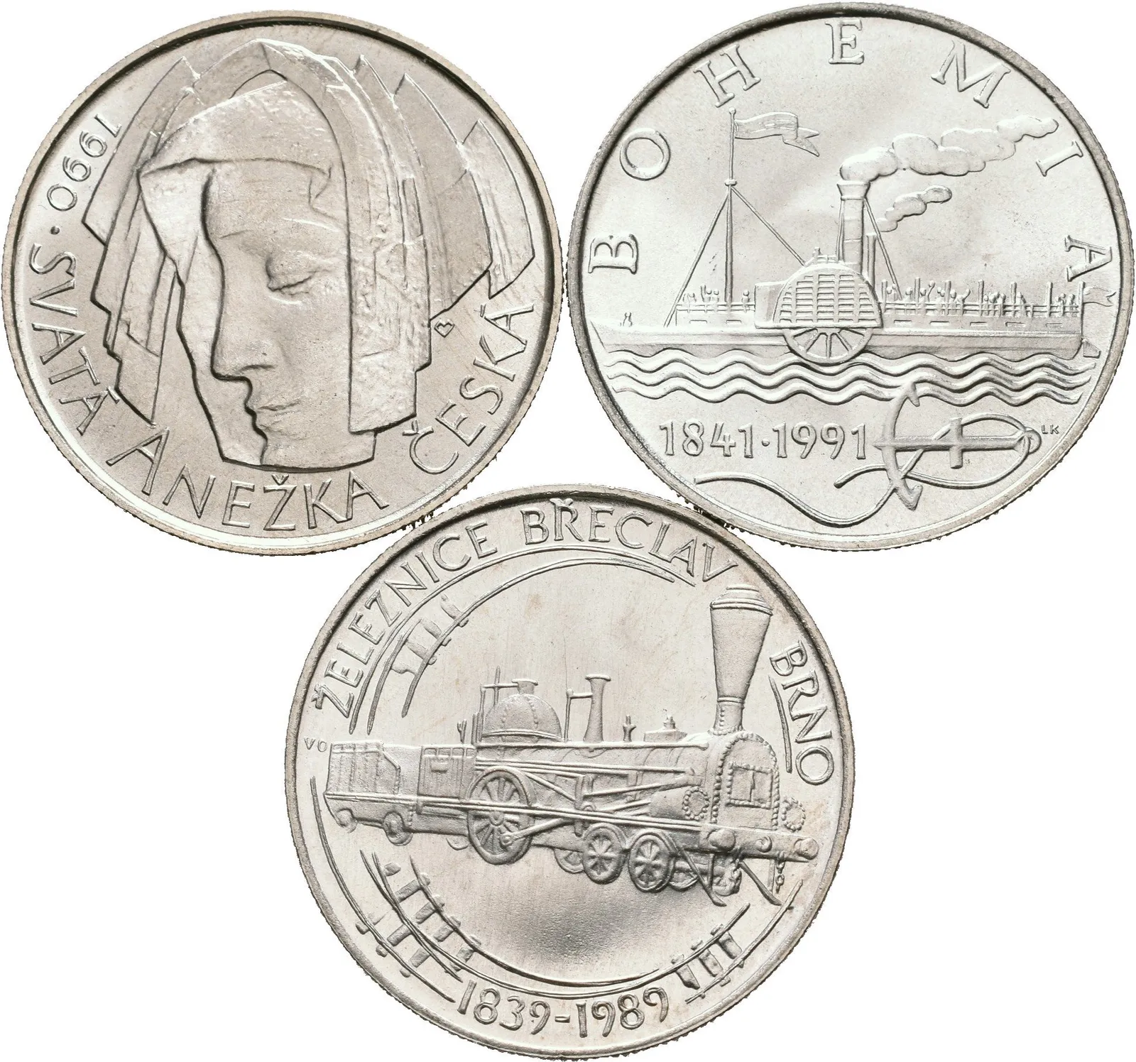 50 Kčs 1989 - Železnice Břeclav - Brno, 1990 - Anežka Česká, 1991 - parník Bohemia_3 ks — 1