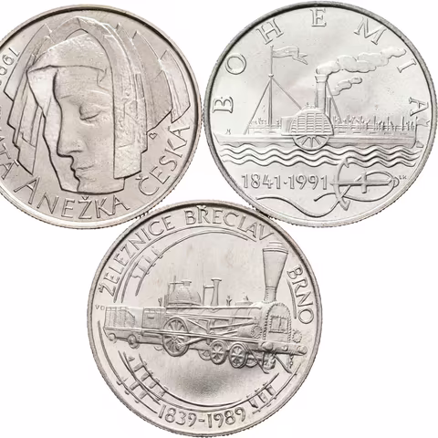50 Kčs 1989 - Železnice Břeclav - Brno, 1990 - Anežka Česká, 1991 - parník Bohemia_3 ks