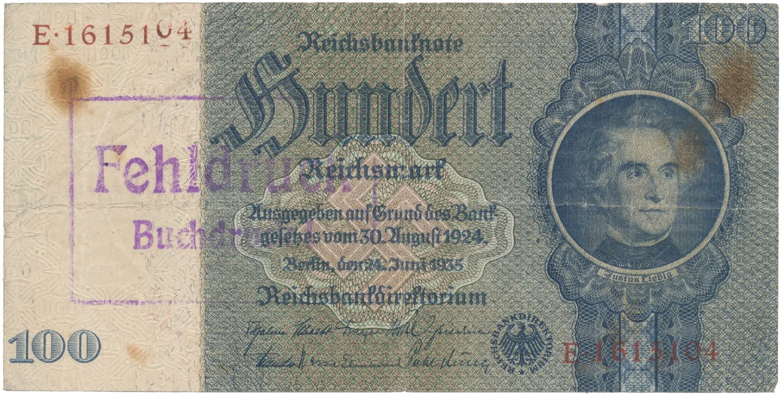 Německo, 100 Reichsmark 1935, válečná s průb. vod., CHYBOTISK, Hej.D8d
