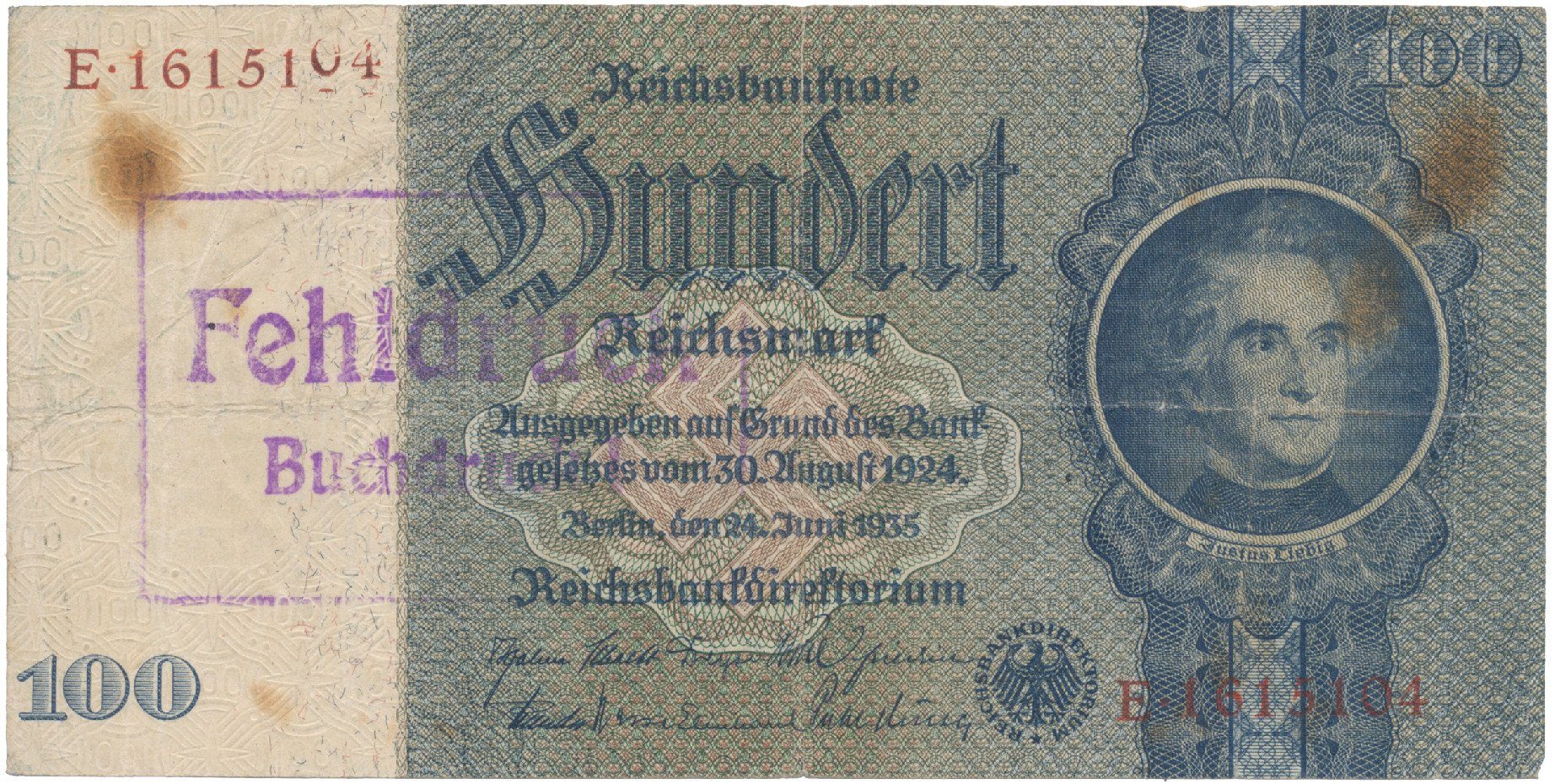 Německo, 100 Reichsmark 1935, válečná s průb. vod., CHYBOTISK, Hej.D8d