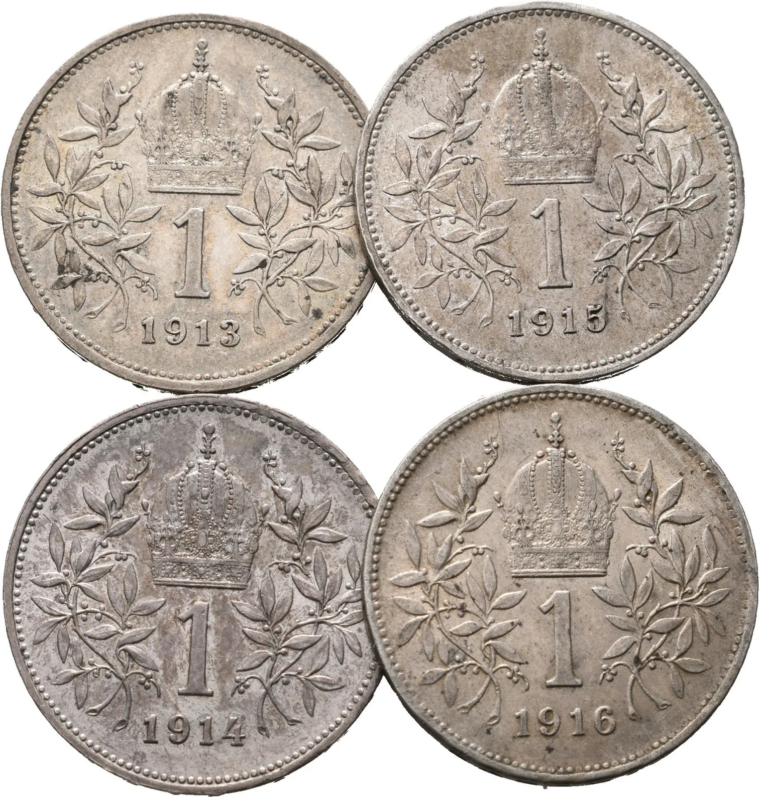 1 Koruna lot 4 kusů 1913, 1914, 1915 a 1916
