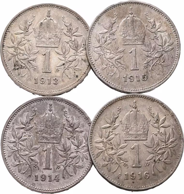 1 Koruna lot 4 kusů 1913, 1914, 1915 a 1916