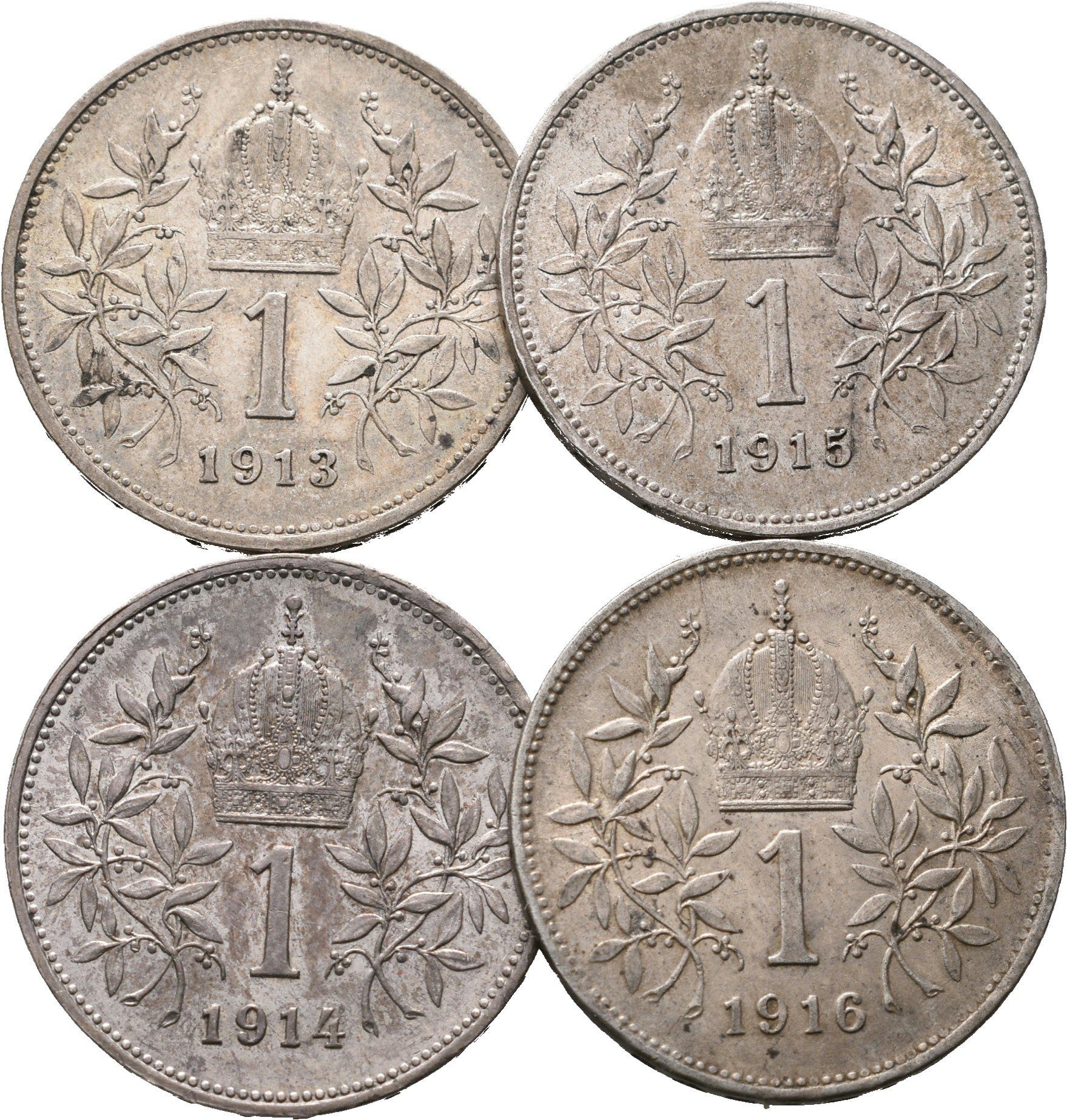 1 Koruna lot 4 kusů 1913, 1914, 1915 a 1916
