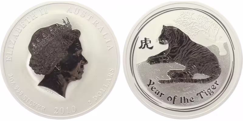 Austrálie, 2 Dollars 2010 - Čínský lunární kalendář - tygr