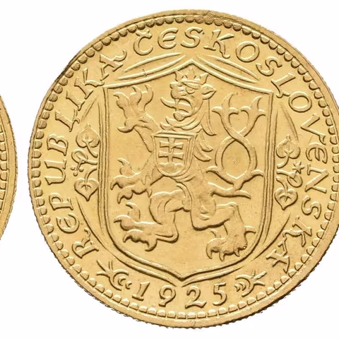 Dukát 1925 (raženo 66279 ks), zbytky lesku, patina, rysky, stopa po zkoušce