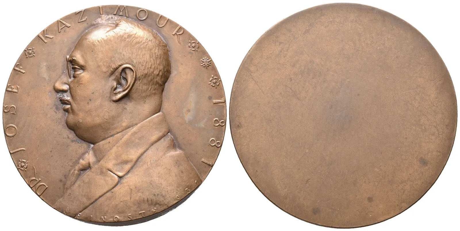 AE Medaile 1931 - Josef Kazimour, prezident ČAVU - k 50. narozeninám. Poprsí zleva, opis. — 1